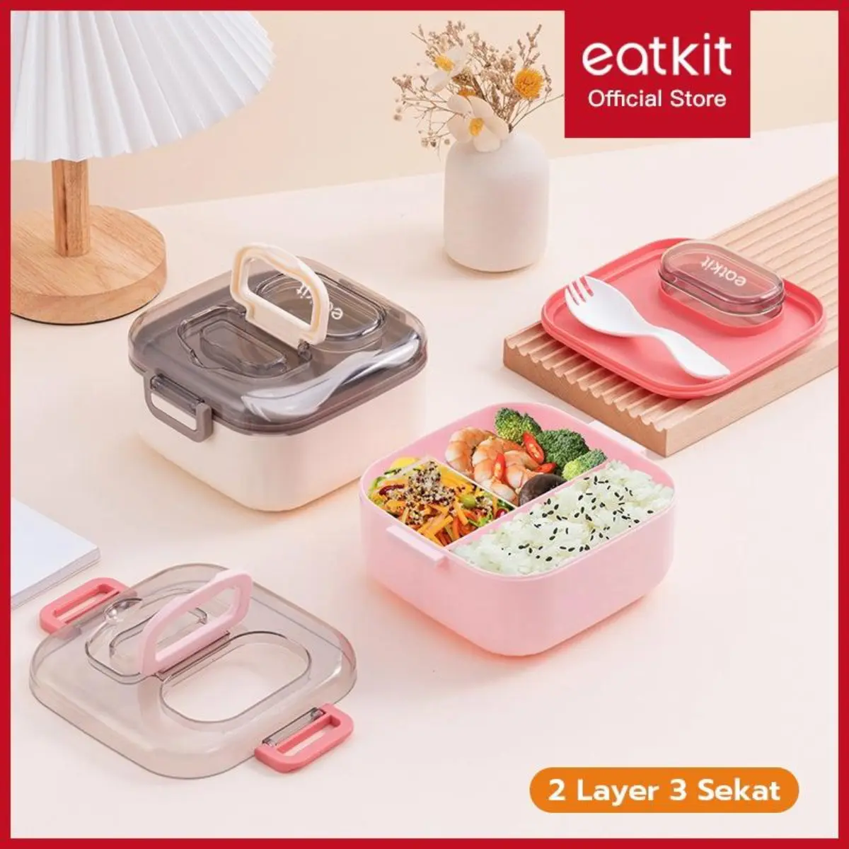 Eatkit Kotak Makan Siang Satu Lapis Persegi Kotak Makan Food Grade untuk Siswa Sekolah Dasar Lunch Box dengan Pemanas Microwave Kitchenware