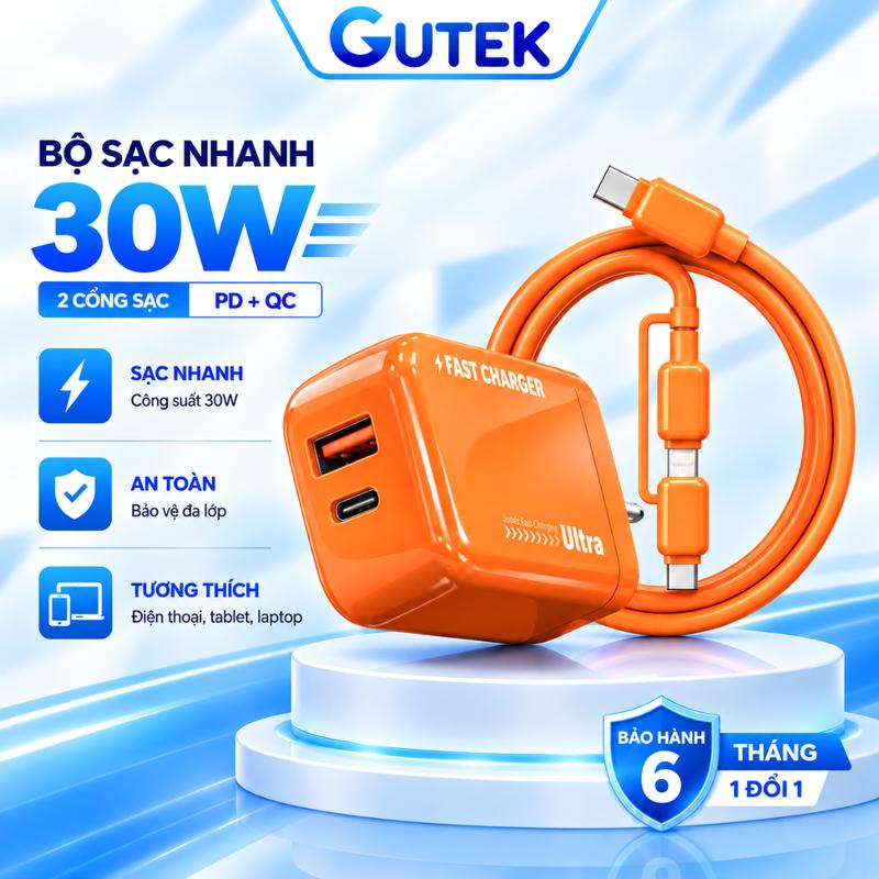 Bộ Củ Dây Cáp Sạc Nhanh PD30W GaN 2 Cổng Type-C và USB - Sạc Mát An Toàn - Gutek S39