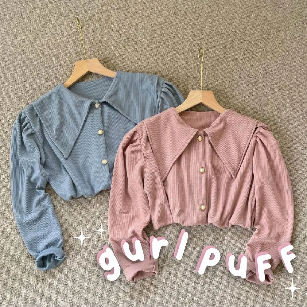 GURL PUFF TOP BLOUSE // ATASAN KNIT PUFFY KOREAN VINTAGE BUTTON