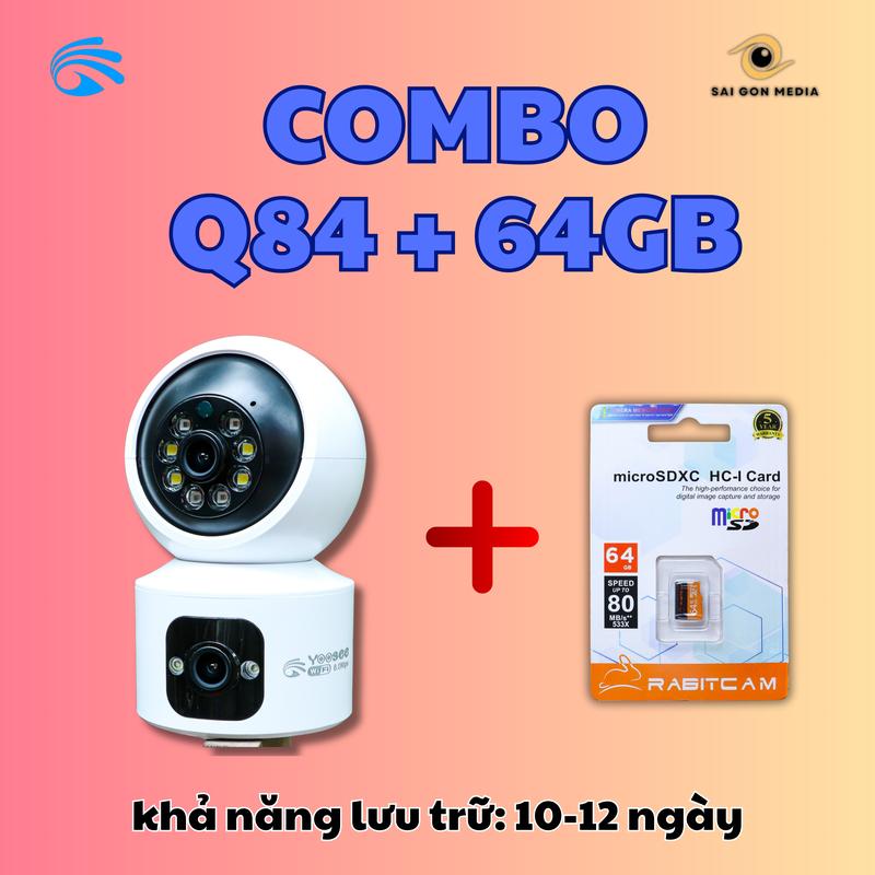   COMBO 64GB  Camera Wifi Yoosee 2 Mắt Trong Nhà Q84 + Thẻ Nhớ 64gb Lưu Trữ 10-12 Ngày 