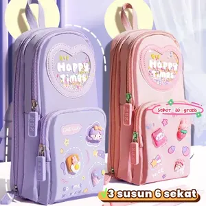 Hadiah Ramadhan Cute Stationary Pencil Kotak Pensil Case Hiasan Glitter Karakter 3D Model Sekolah Cewek Lucu Kapasitas Besar Bahan PVC Dengan Stiker Gratis Kanvas Study Purple Pink Blue School Stationery Cokelat - Alat Alat