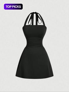 Vestido Halter de Mujer con Drapeado y Amarre en la Espalda, Vestido Corto Línea A Sin Mangas de Moda Casual para Verano, Vestido de Mujer para Vacaciones en la Playa