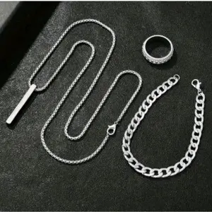 (Bonus Cincin Rantai) Set Kalung dan Gelang Titanium Model Rolo Liontin Balok Gelang Hiphop Anti Karat Anti Luntur Terbaru Termurah Elegan Aksesoris