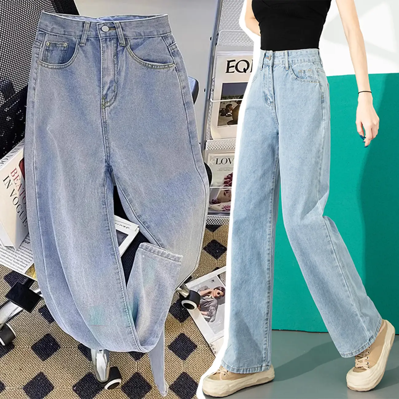 PLUE SIZE~Long jeans Cargo blue denim straight wideleg loose Korean style highwaist casual baggy sweat pants for women Unisex HOT