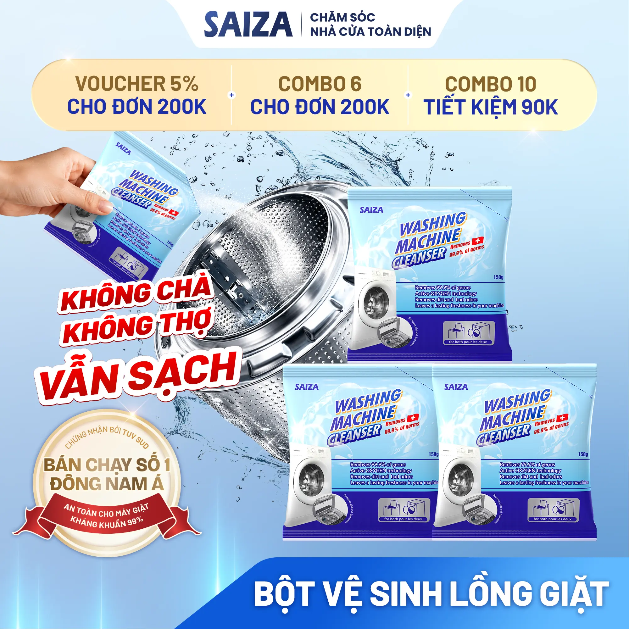 Combo 3 Gói Bột Vệ Sinh Lồng Máy Giặt SAIZA 150g/gói Công Nghệ Oxy Hoạt Tính Kháng Khuẩn Khử Mùi Hiệu Quả