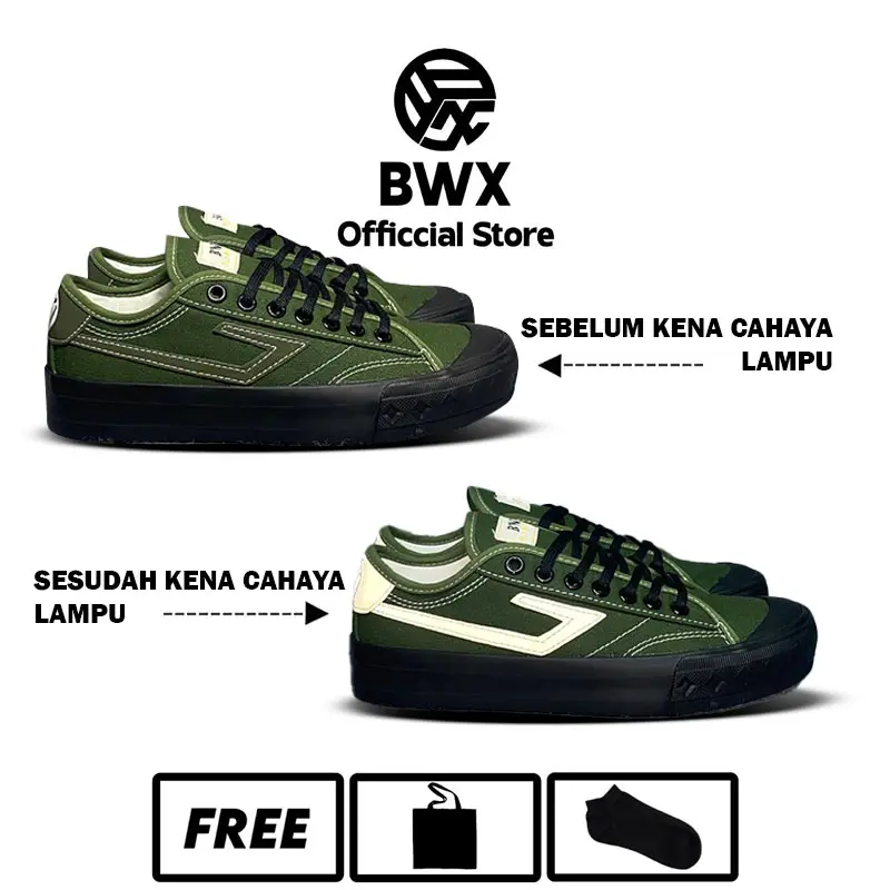 BWX - Sepatu Bwx Shine Low Reflektive Army Black Canvas Casual Shoes Sneakers Pria Kasual sekolah sepatu  retro
