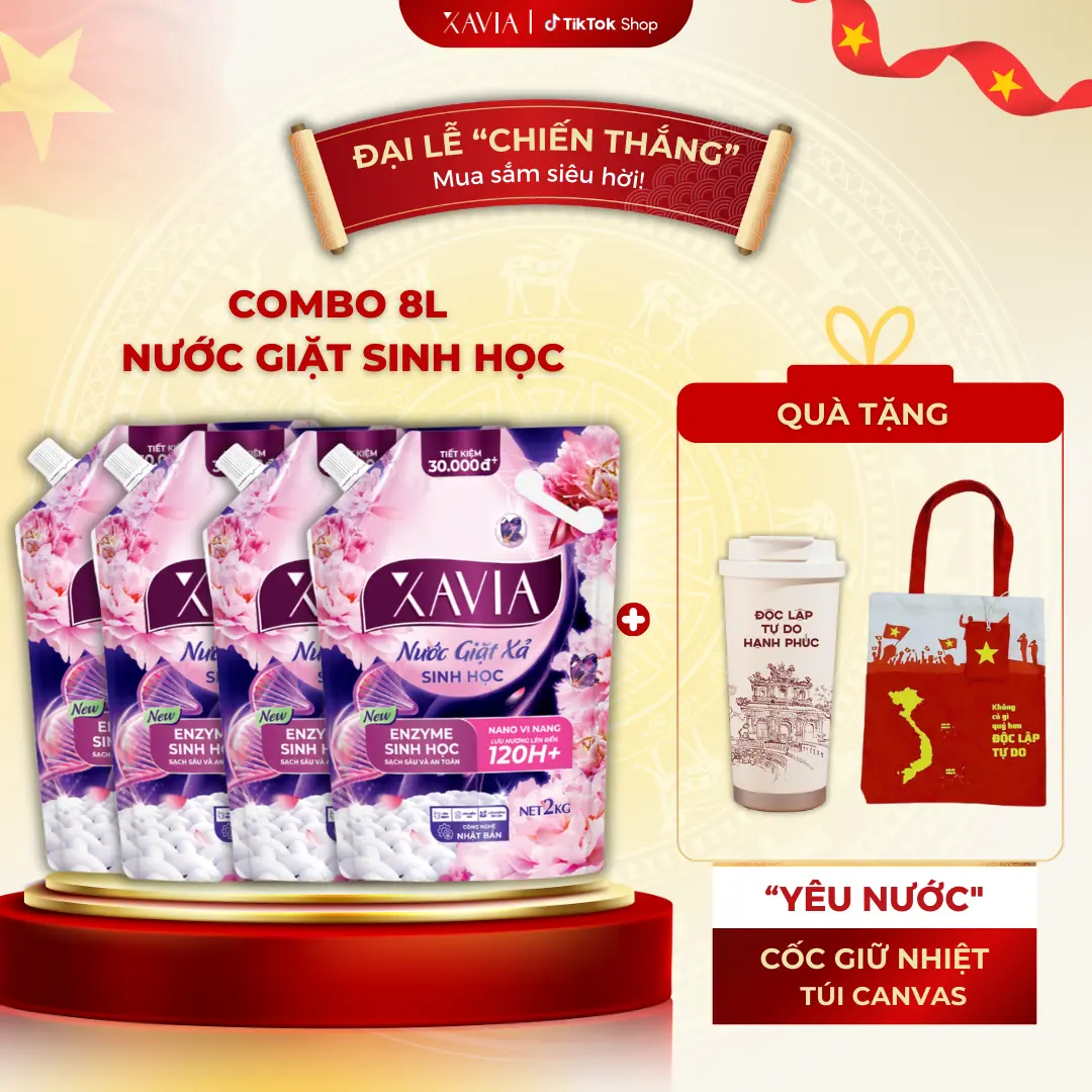[TẶNG COMBO YÊU NƯỚC - MỪNG ĐẠI LỄ CHIẾN THẮNG] Combo 4 Nước Giặt Xả 2in1 Enzym Sinh Học XAVIA Toả Hương 120H+ 2L Tặng 1 Ruột Gối Thơm , Sạch Sâu An Toàn, Lưu Hương Dài Lâu, Bảo Vệ Môi Trường