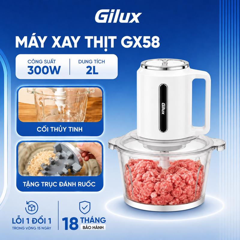 - Máy xay thực phẩm đa năng - Gilux GX58 dung tích 2L, Công suất 300w lưỡi dao inox thiết kế gọn nhẹ + Tặng Kèm đánh ruốc