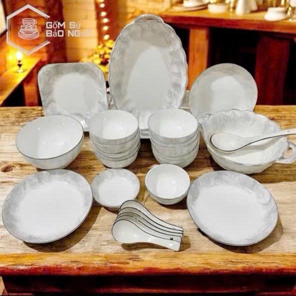 Sét bát đĩa gốm sứ cao cấp hoa văn hoạ tiết Vân Đá sang trọng hàng loại 1 sang xịn sét 12 bát cơm