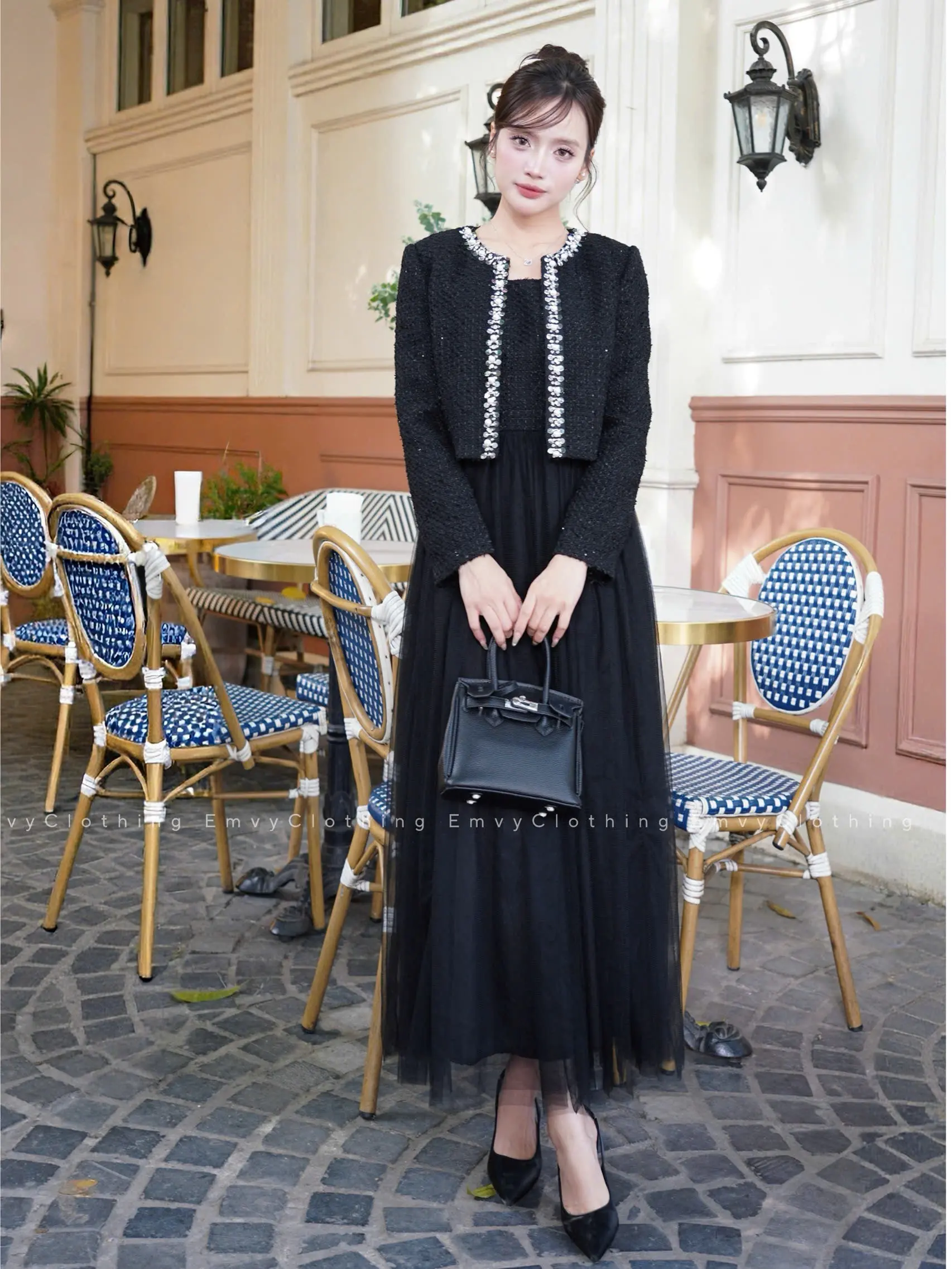 EV107-Emvy Clothing Set áo dạ kèm váy công sở đính ngọc trai thanh lịch tinh tế | BigBuy360 - bigbuy360.vn