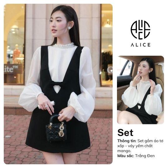 Set Yếm Thanh Lịch ALICE Váy Yếm 2 Dây Gắn Nơ Tạo Điểm Nhấn, Áo Sơ Mi Dài Tay Cổ Lọ Phối Ngọc Sang Chảnh S587