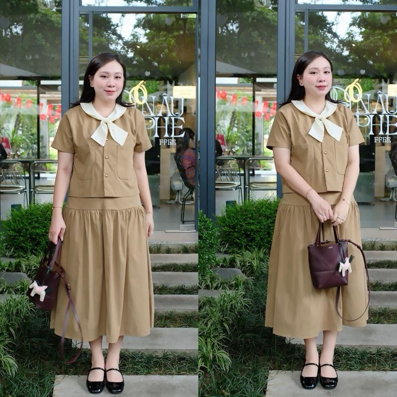 Set kaki cổ nơ trắng chân váy dài CLLEE 2 màu bigsize nữ 21363 Top