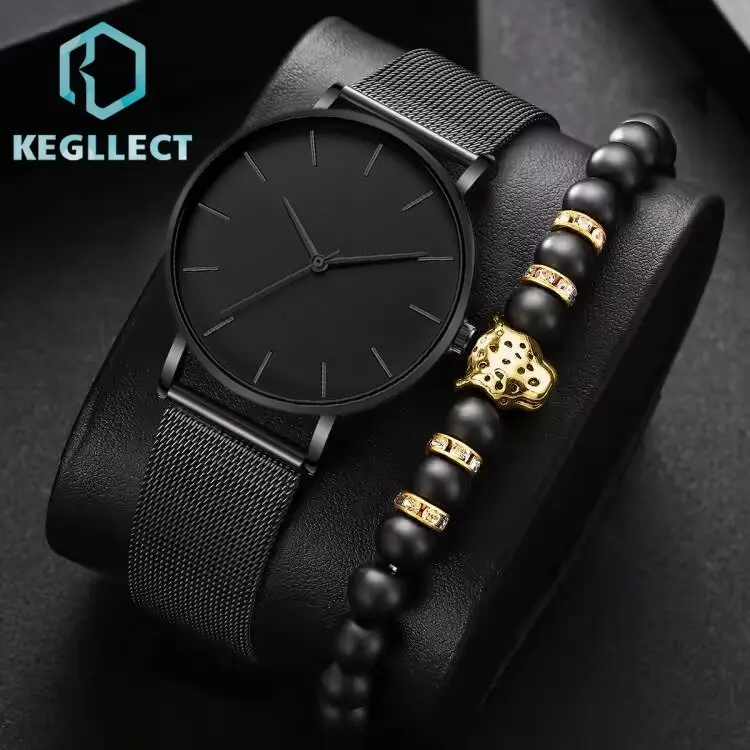 2PCS Jam Tangan Gaya Bisnis Pria Jam Tangan Mewah Klasik Ultra Tipis Jam Tangan Paduan Bisnis Fashion