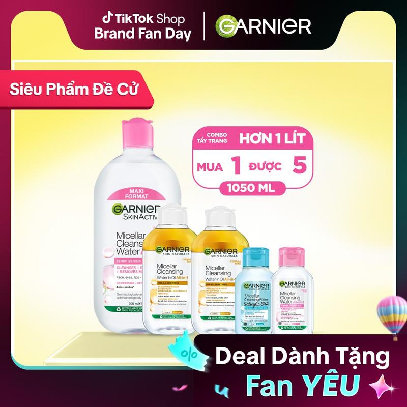 Bộ tẩy trang 1 Lít 50ml - Nước Tẩy Trang Garnier làm sạch sâu cho mọi loại da- Garnier Micellar Cleansing Water