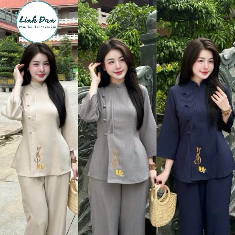 LINH ĐAN “Ngộ” Bộ quần áo đi chùa truyền thống thêu NGỘ cổ tầu chất liệu đũi xước cao cấp Nữ