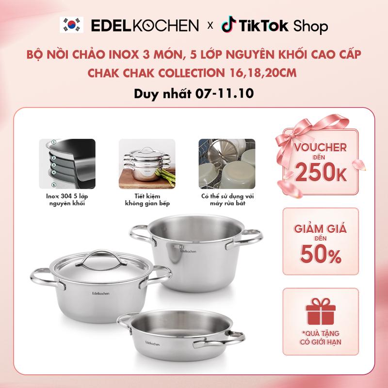 Bộ nồi chảo inox 3 món, 5 lớp nguyên khối cao cấp Edelkochen Chak Chak Collection 20cm – Màu Mirror / Satin