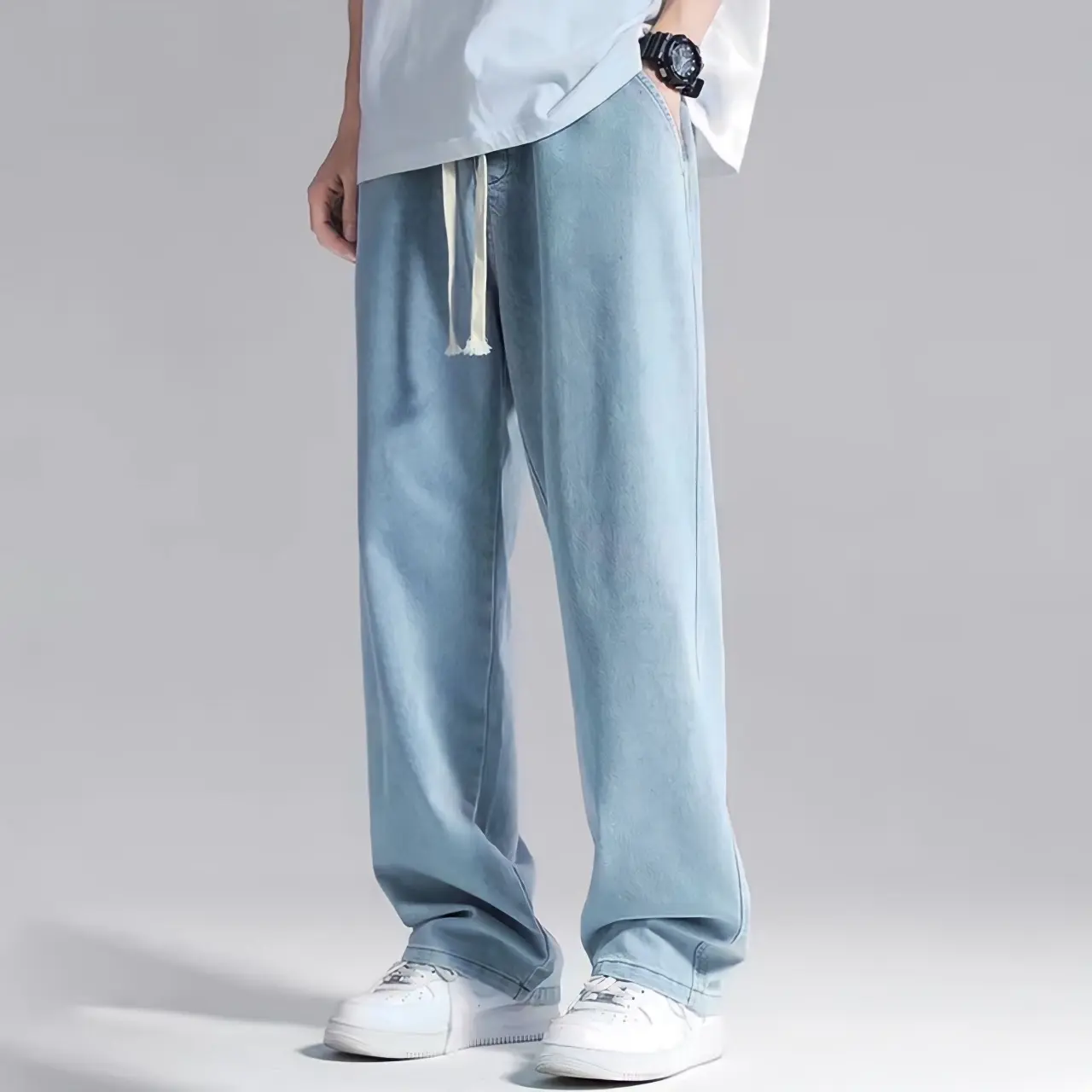 Celana Jeans Panjang Loose Pants Pinggang Karet Korean Style Straight High Denim Retro Biru Hitam Santai Lembut Nyaman Longgar Pria Oversize Baggy Waist Panjang Non Pendek