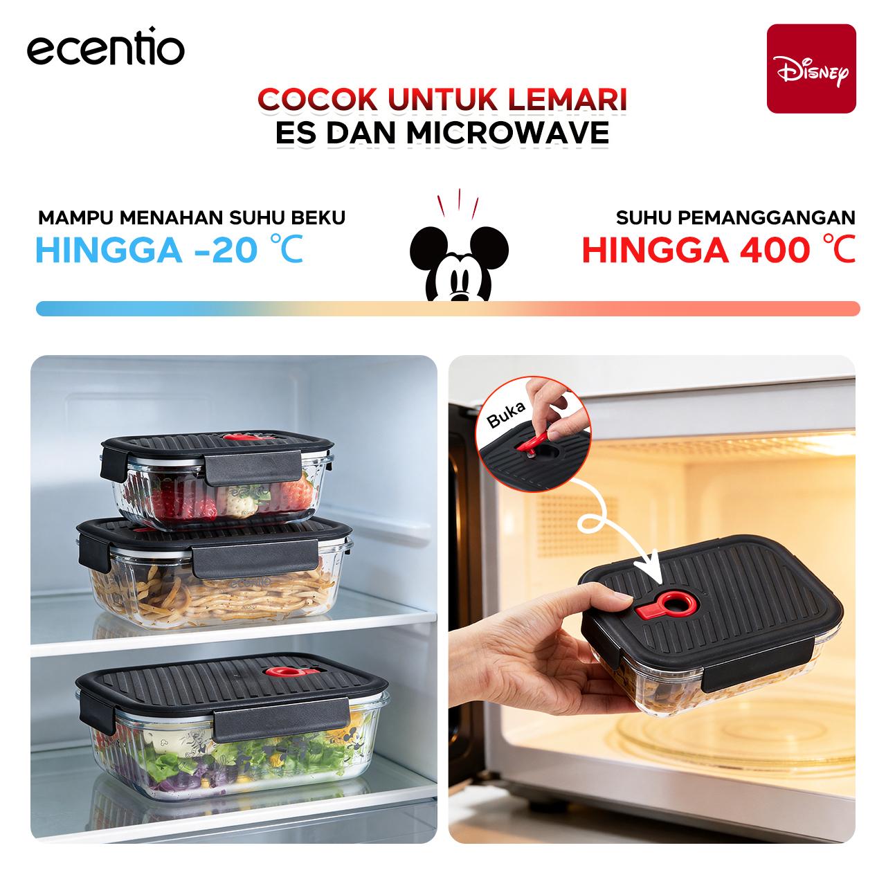 【Live Exclusive】 ecentio Food Container Mickey Mouse 3pcs & Tas Portable,410ml+700ml+1050ml Toples Kaca Mudah Dibersihkan,Tas Penyimpanan Portabel Kapasitas Besar,Cocok untuk bekal makanan