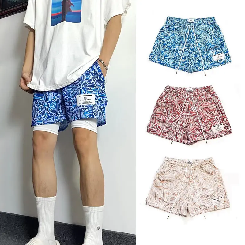 Men's Stylish Graffiti Printed Mesh Short Basketball ShortsTrend Street Loose Shorts Unisex Mesh Hip Hop Basketball Short Pants Blue Red Beige