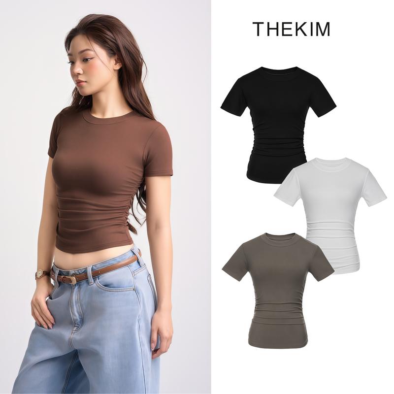 THEKIM Áo thun tăm ngắn tay cổ tròn nhún chun cạnh eo , áo thun nữ cotton tôn dáng T271