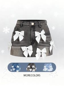 Falda corta de mezclilla elástica para mujer con moño, bolsillos inclinados, tela de alta elasticidad, moda casual para fiestas, vacaciones y uso diario