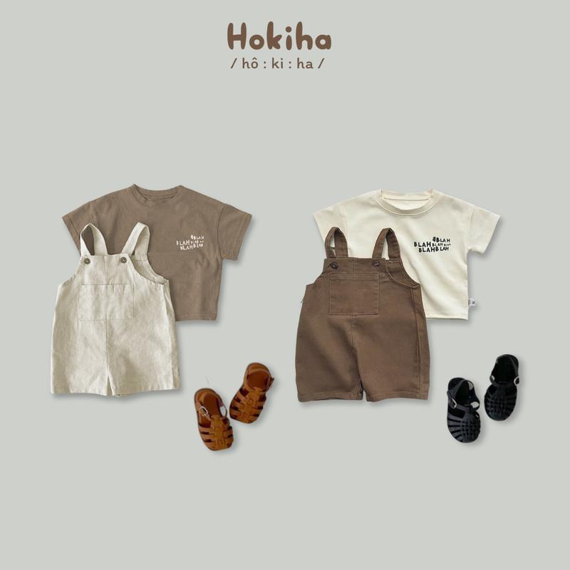 [ Hokiha] -TE561 Set yếm quần+áo cộc tay cho bé phong cách Hàn Quốc yếm chất kaki mềm áo phông chất cotton in chữ co giãn mềm mại từ 8-14kg