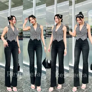 Celana Highwaist Cutbray Jeans Wanita Stretch Kekinian Panjang
