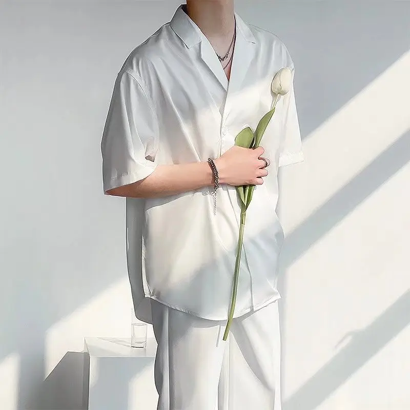Summer high-end drape white shirt men's Korean version of abstinence suit collar short-sleeved shirt