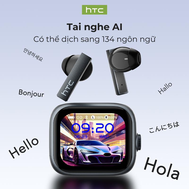 Tai nghe không dây HTC NE40, với núm xoay để chuyển đổi giao diện dễ dàng và điều chỉnh âm lượng, Bluetooth 6.0, màn hình LED, chống nước IPX5, hỗ trợ dịch 134 ngôn ngữ