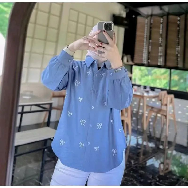 Kemeja Bordir Pita Atasan Blouse Wanita Pololinen Korean Style Kancing
