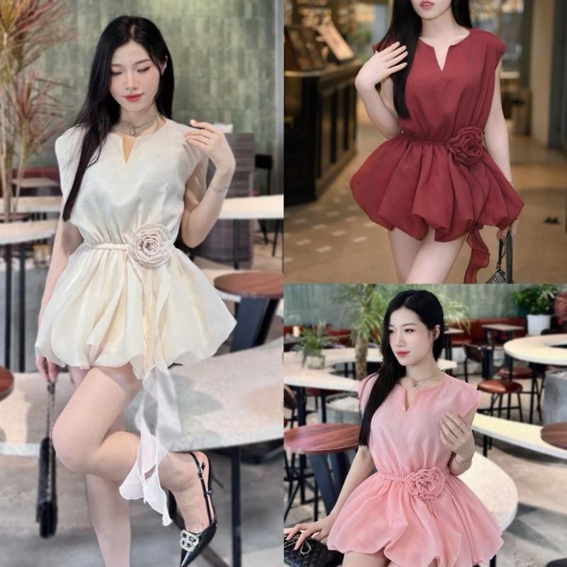 [TẶNG KÈM QUẦN BẢO HỘ] Váy Cổ Xẻ V Độc Đáo Váy Bồng Bềnh Phối Hoa Trẻ Trung Độc Đáo Chất Liệu Tơ Mềm
