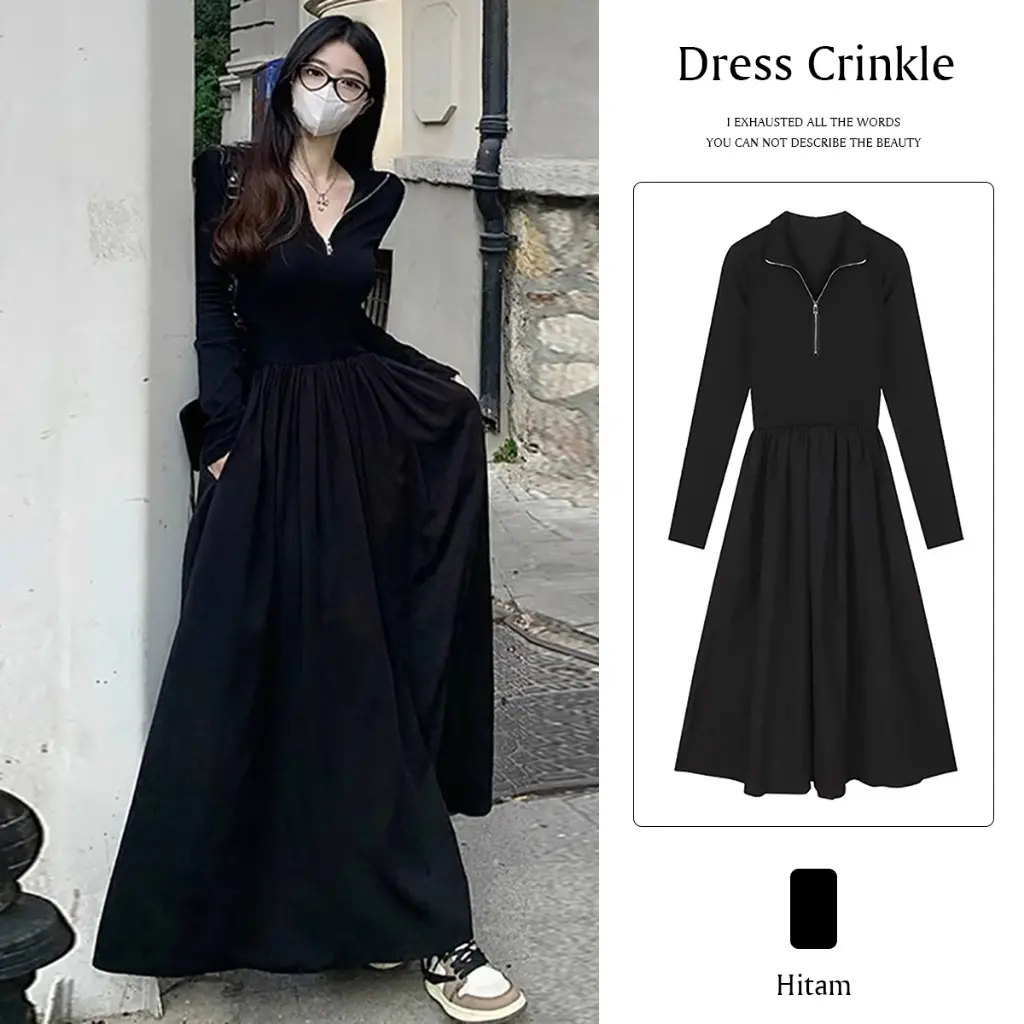 | kekinian.factory | (Ready stok!!!) Dress korean style wanita hitam V-neck long dress crinkle wanita kekinian fashion melar Dress gaya ritsleting pinggang premium jumbo Muslim