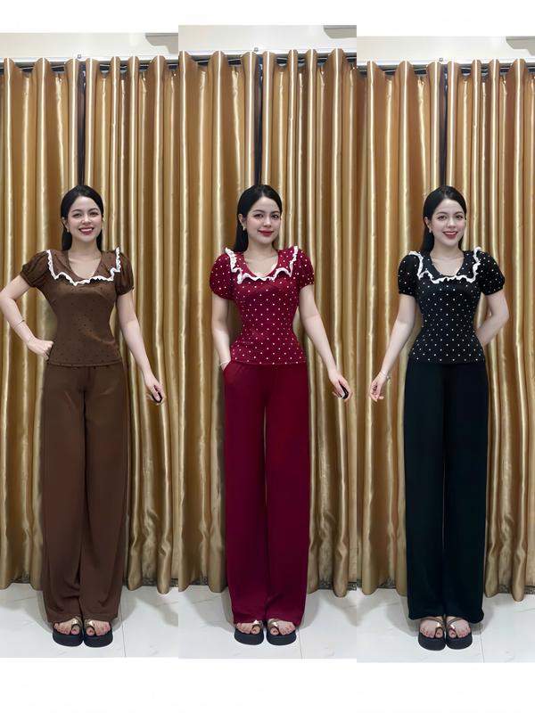  set bộ nữ - áo cổ bánh bèo phối ren in hoạ tiết chấm bi & quần ống suông 