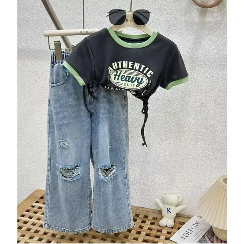 OOTD Korea Style Setelan Jeans Anak Perempuan Atasan Croptop Motif Lucu+Celana Jeans Panjang Sobek Kulot Baju Impor Anak Perempuan Setalan Anak Perempuan 1