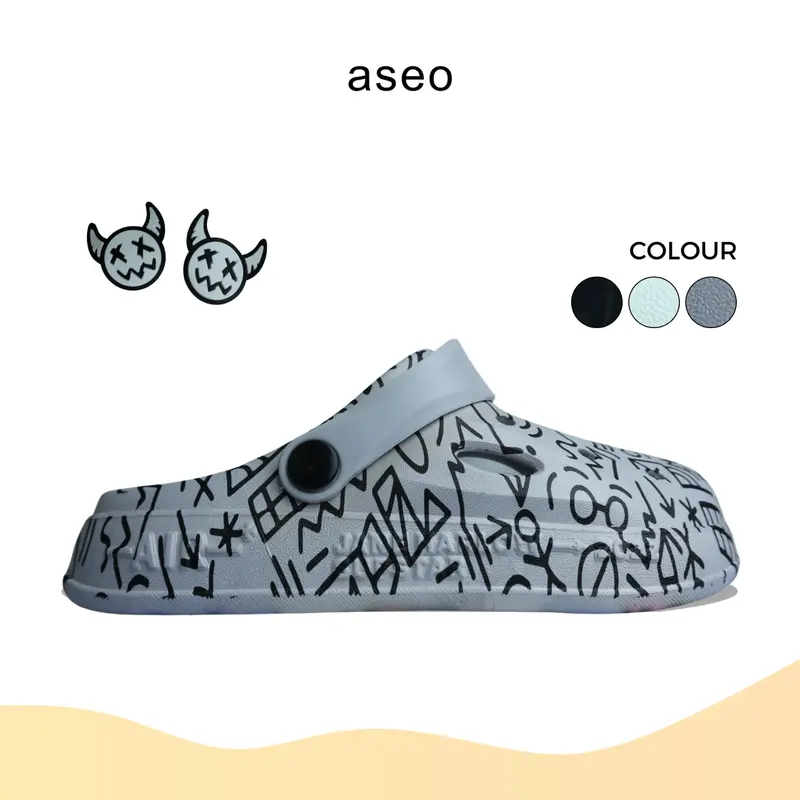 Aseo Sandal Pria Wanita Couple Dewasa  Baim Clog Terbaru Lebaran 2025 Slip on Kodok Sandal Cowok Dewasa Kekinian Import Korean Style Anti Slip Karet Rubber Lucu H173 Black Sendal 1