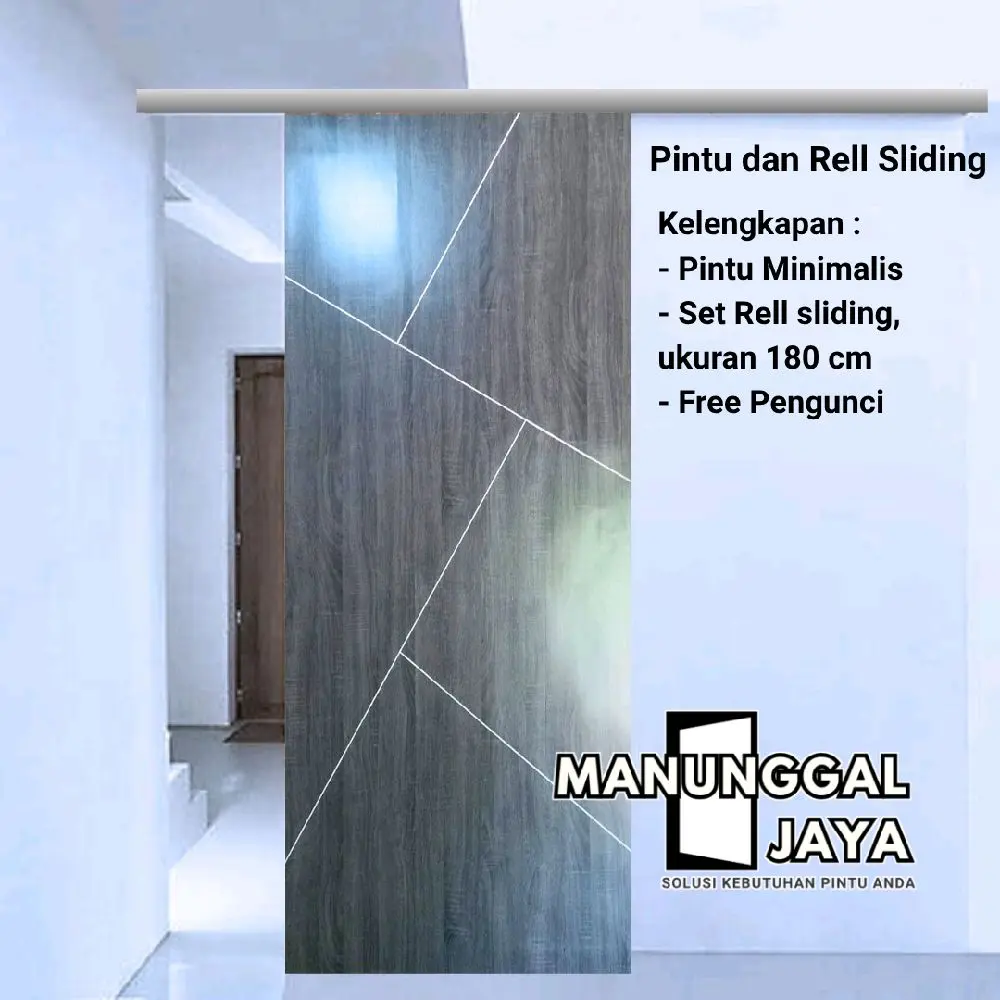 Satu set Pintu dan Rell Sliding HMR Kayu Meranti 80x200/90x200 cm Set Rell 180 cm Finishing Peppersheet Bonus Pengunci Grendel Tekuk Free Packing