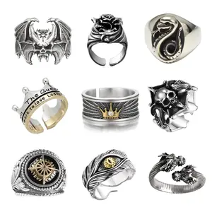 COD Cincin Pria Titanium Cincin Terbuka Punk King Skull Cincin Keren Cincin Hitam Cincin tengkorak
