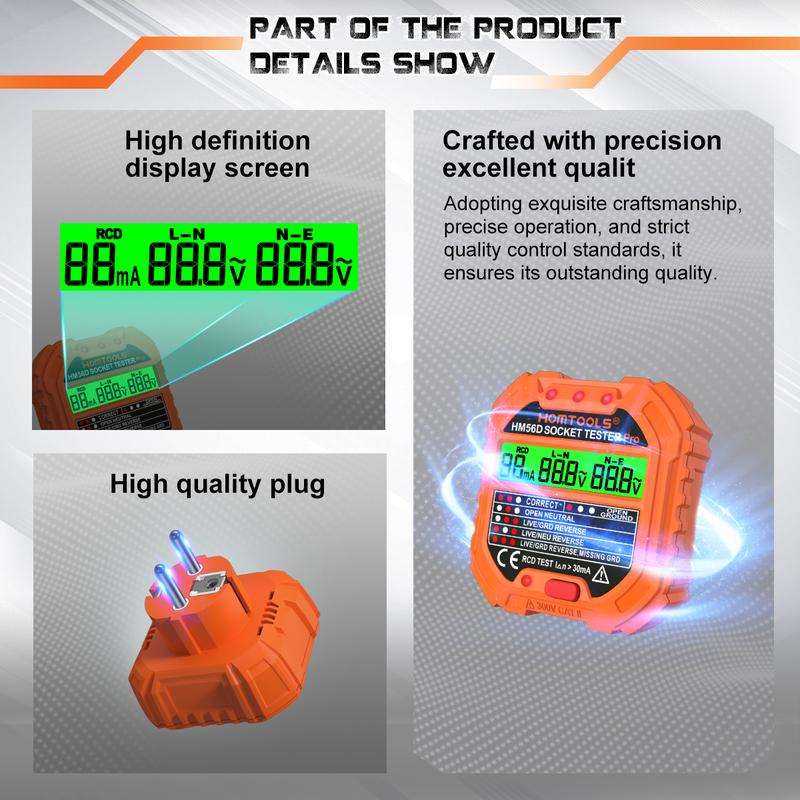 Product Introduction of Penguji Soket, HOMTOOLS, HM56E, Pencari Kebocoran Elektrik, dengan Paparan Voltan, Penguji Alur Keluar 48V-250V, Pengesan Voltan Kekutuban Litar Elektrik Automatik, Pencari Pemutus 35