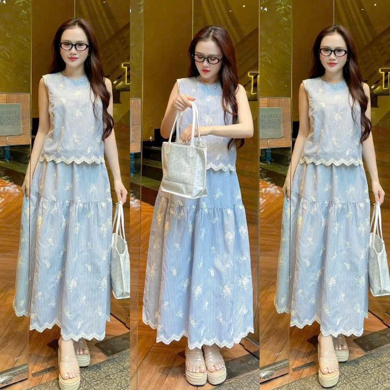 sét đồ nữ áo tay sát cổ tròn kèm chân váy dài siêu xinh phù hợp mặc đi chơi