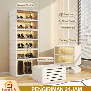 【COD】Sweet Life Lemari sepatu lipat Bening Lemari Lipat Pintu Magnet Sepatu Rak Sepatu Susun Lipat Tertutup Rak paket Kotak Sepatu Lipat Penyimpanan Putih Tanpa Instalasi