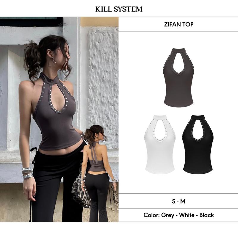  Áo cổ yếm khoét ngực đinh tán sexy ZIFAN- KILLSYSTEM 