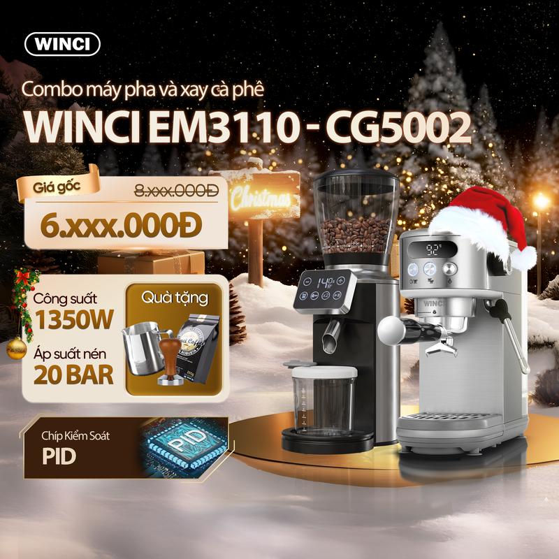  Combo Máy pha cà phê Espresso tự động Winci EM3110  và máy xay cà phê CG5002   Giá đã bao gồm VAT   áp suất 20 Công Suất 1350W Tặng 1 gói cà phê 1 cainox 1 tamper 51 MM 