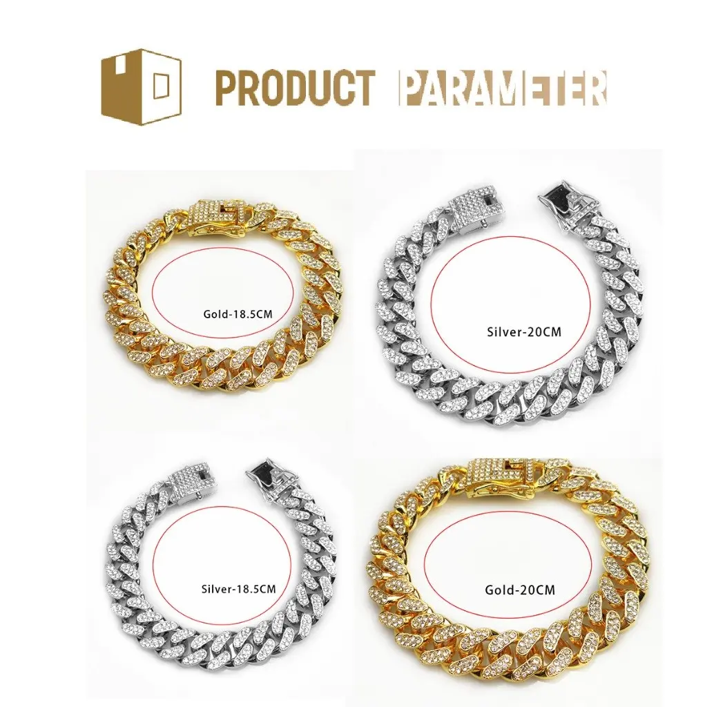 18/20CM Gelang Rhinestone Wanita Gelang Pria Gelang Hip Hop Gelang Rantai Pria Wanita Fashion Unisex Bracelet