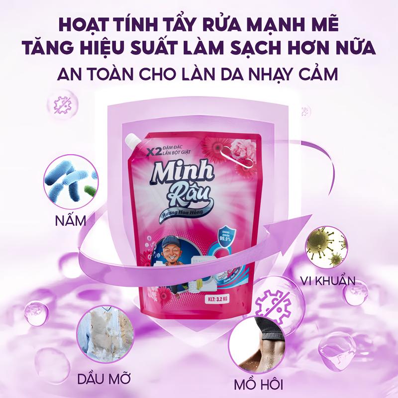 Nước Giặt Xả Minh Râu 3.2kg/1 túi hương Hoa Hồng Lưu Hương Thơm Lâu trên từng sợi vải dịu nhẹ an toàn cho da nhạy cảm và làm sạch với em zym sinh học/ Làm Bền Màu Quần ÁO T3
