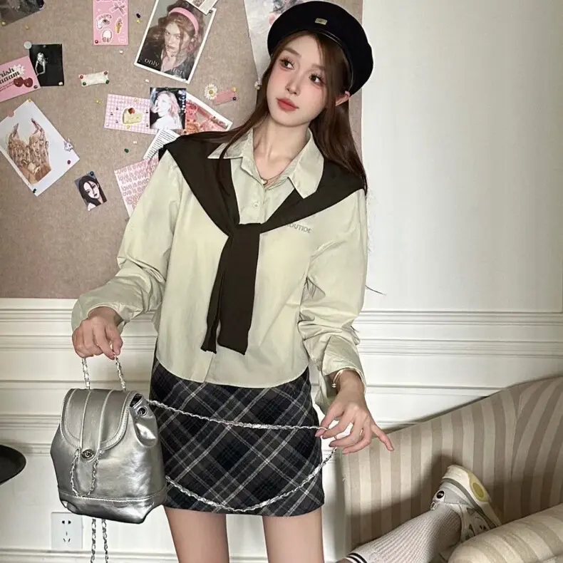 MOMO kemeja set katun wanita korean style kemeja lengan panjang Setelan