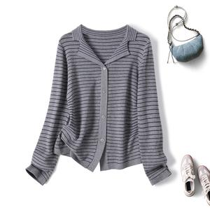 Kardigan Berkait Berjalur Vintaj, Gaya Korea, Saiz Besar, Musim Luruh, Rekaan Unik, Atasan Lengan Panjang Niche, Nombor Item 68680