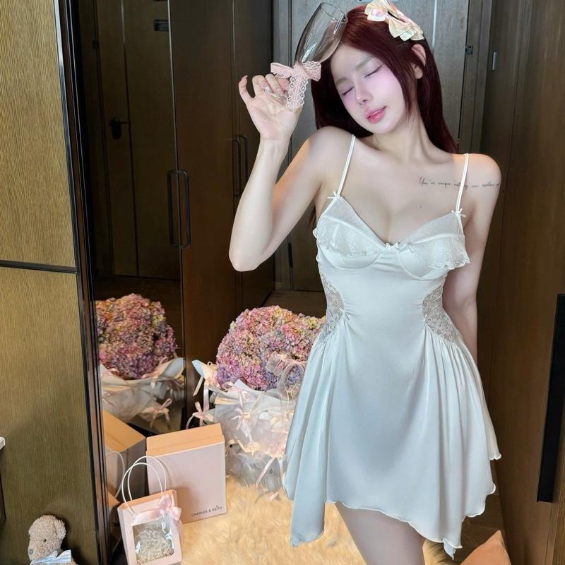 V570 - Váy ngủ lụa phối ren có đệm mút, hàng QC cao cấp Dress Nữ Women