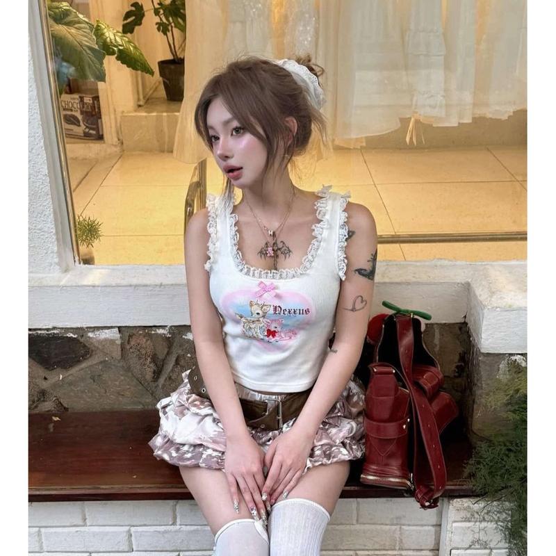 Áo Croptop Nữ Deerus Vintage Nai Dễ Thương, Viền Ren Y2K - Áo 2 Dây Croptop Chất Cotton Mát – Style GenZ Cute