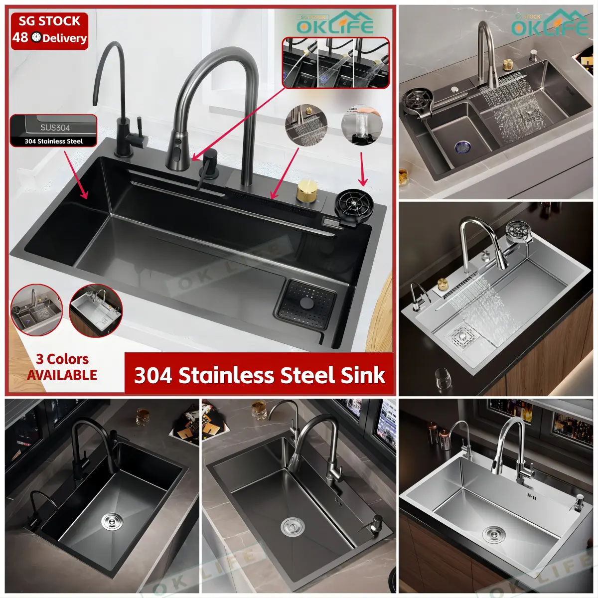 [SG STOCK  48H DELIVERY] Nano Kitchen Sink SUS304 Stainless Steel Waterfall Basin Single Bowl Pullout Faucet Large Sink