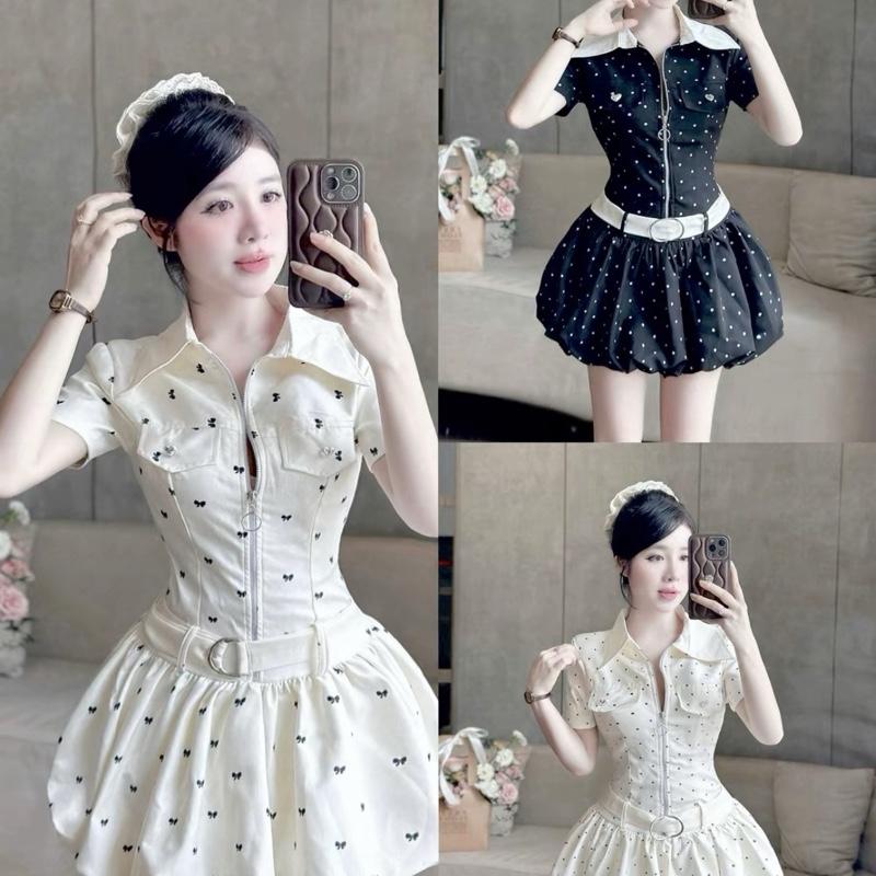 [Bèo Béo Bigsize ] Váy Sơ Mi In Hoạ Tiết Nhí Khoá Zip Trước Dáng Bồng Xoè Bí Form Bigsize 60-90Kg (Kèm Đai + Quần Bảo Hộ)